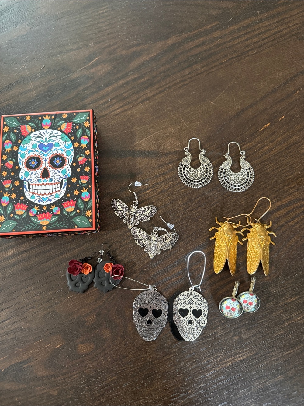 Artisan Skull and Floral Earring Collection - Silver and Gold Accents